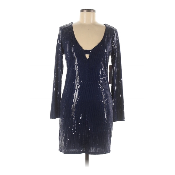 AQUA Deep V Sequin Embellished Dress in Navy - Picture 2 of 6
